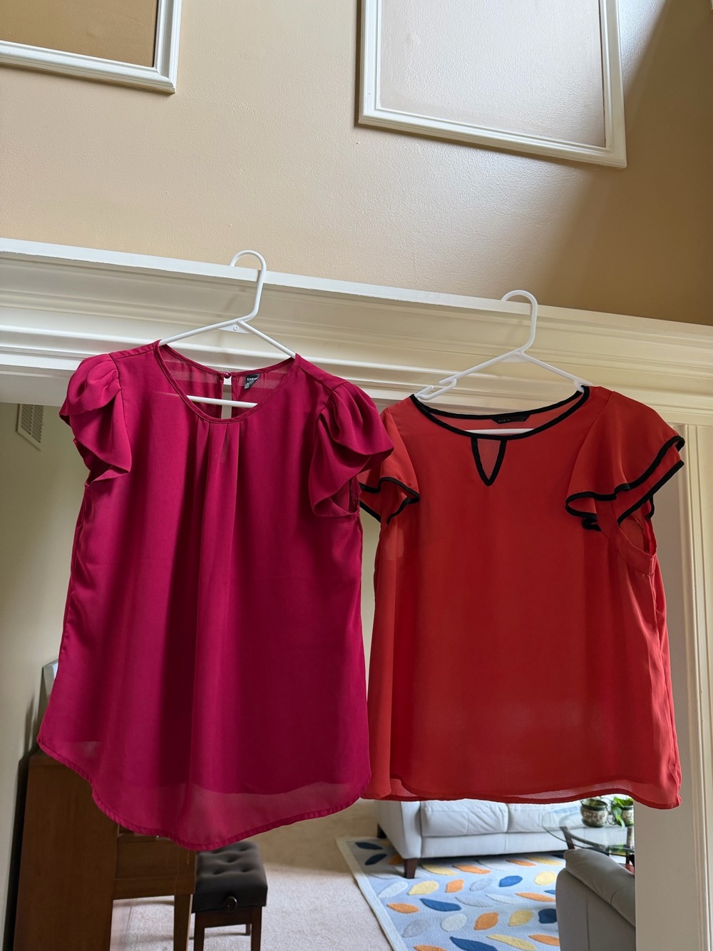 DUO of Short Sleeve Ruffle-Sleeve Blouses, Crimson and Rust with Black Piping